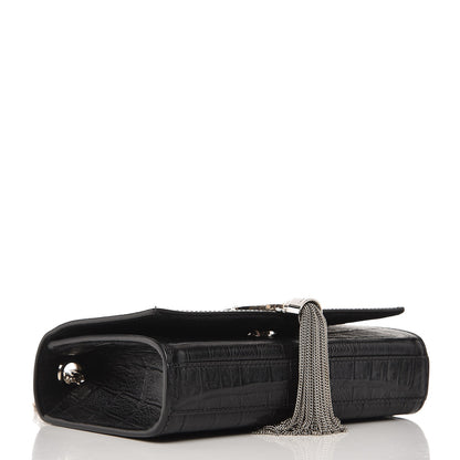 Saint Laurent Calfskin Crocodile Embossed Small Classic Monogram Tassel Satchel Black 4 of 6