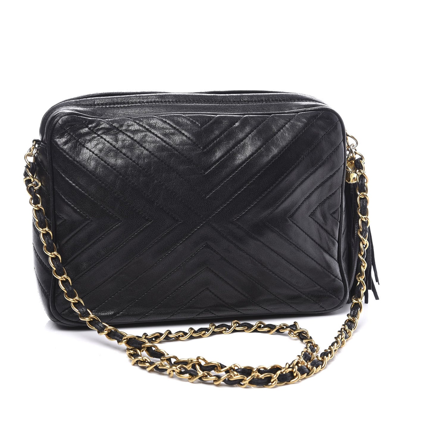 Lambskin Chevron Quilted Tassel Camera Case Black