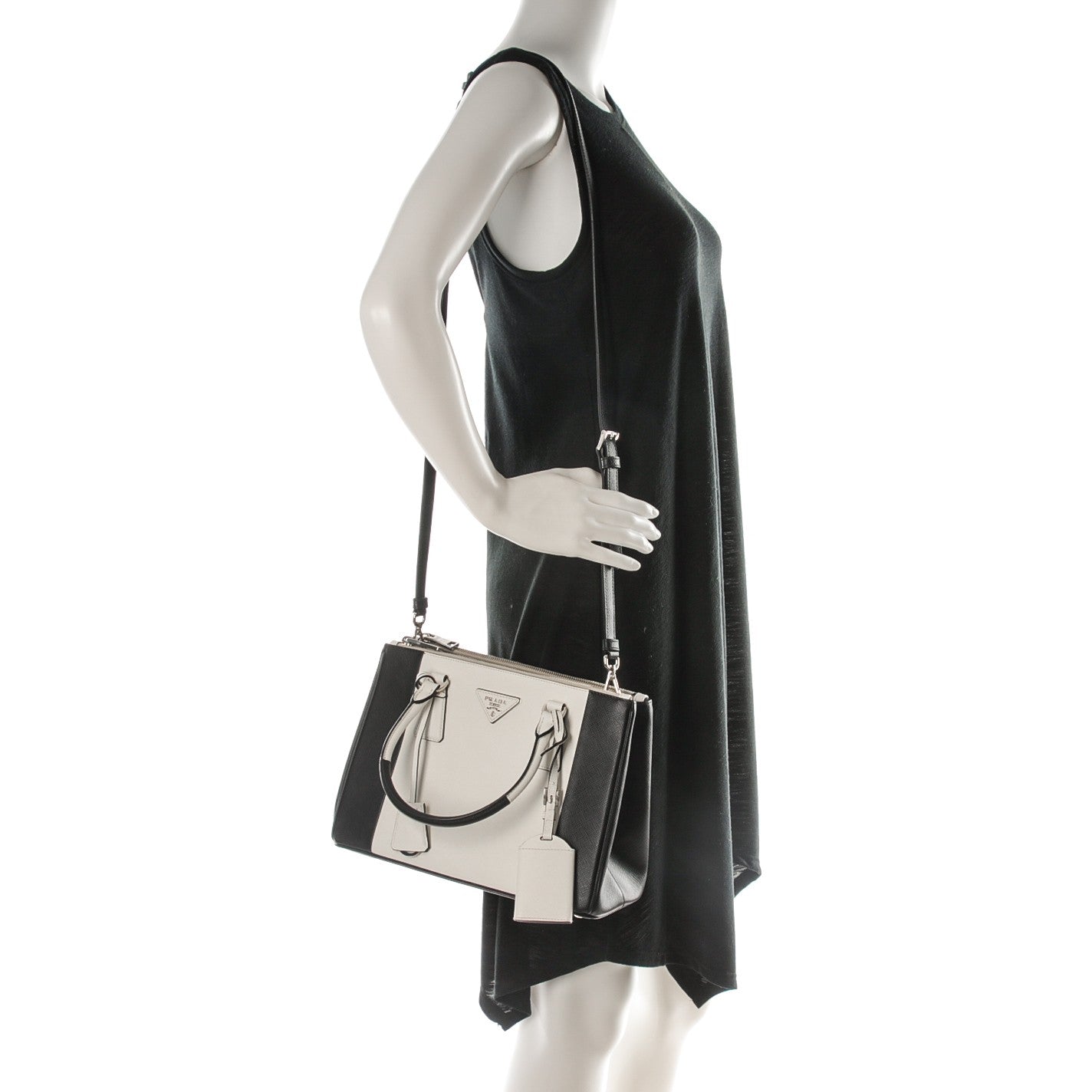 Prada Saffiano Lux Small Bi-Color Galleria Double Zip Tote Black White 2 of 7