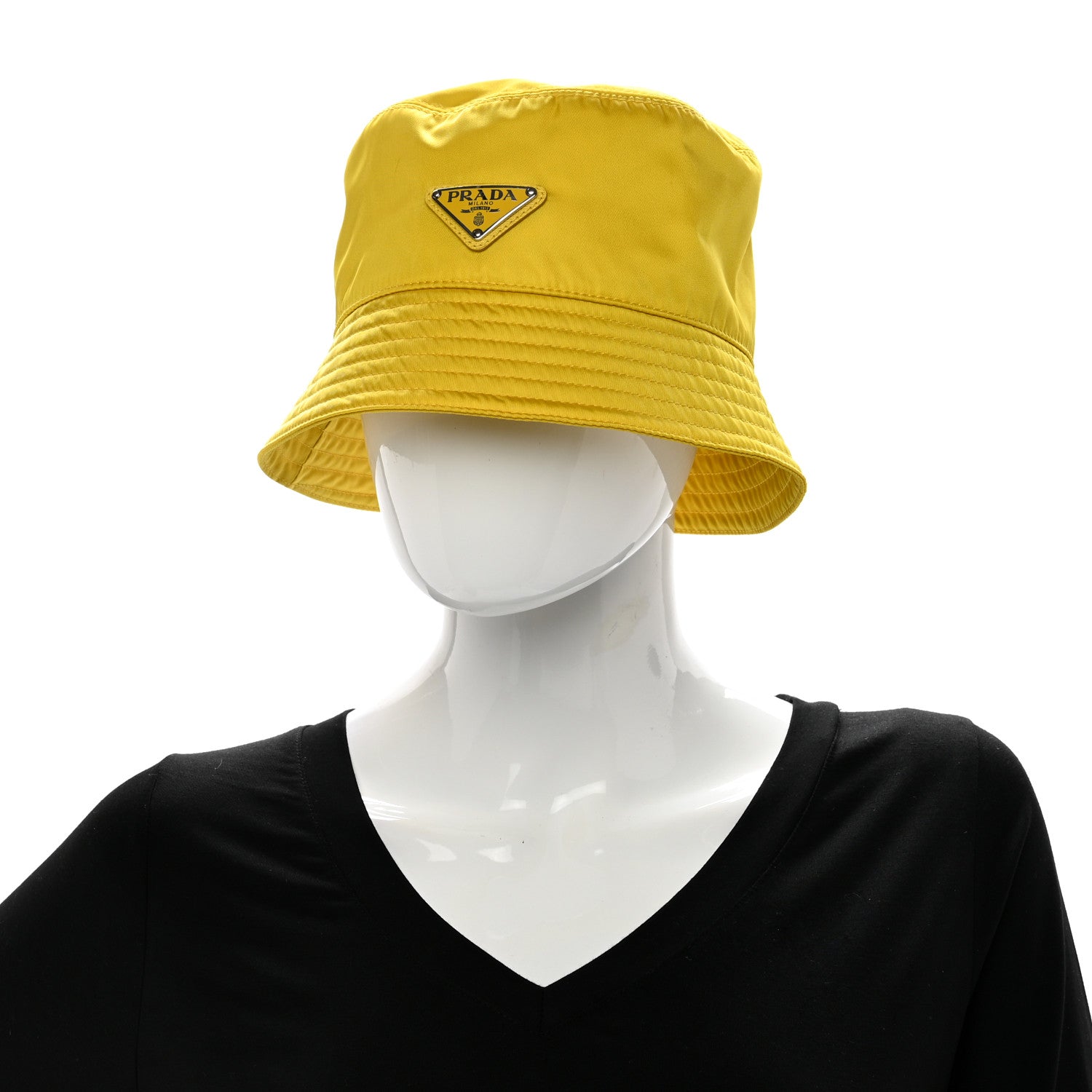 Prada Re-Nylon Metal Triangle Logo Mens Bucket Hat L Giallo 2 of 7