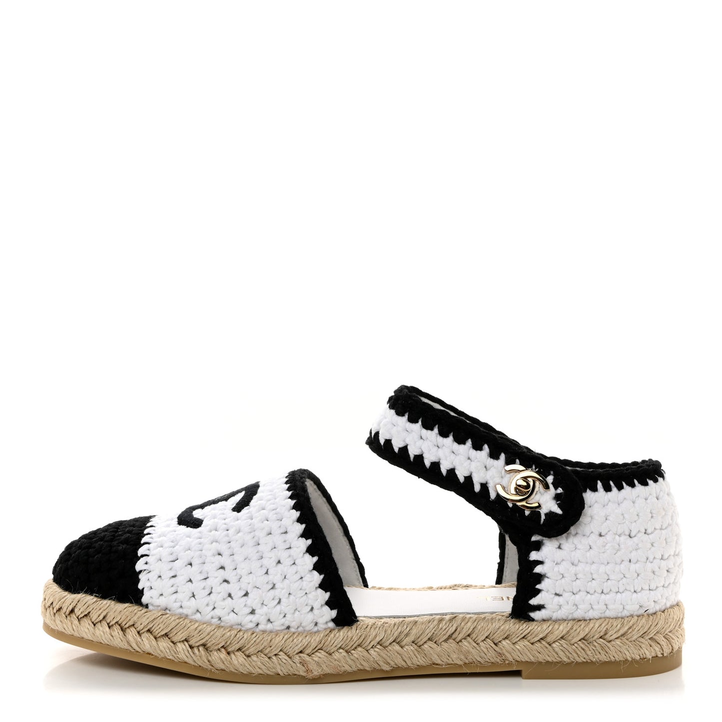 Braided Knit Cap Toe CC Ankle Strap Espadrilles 39 White Black