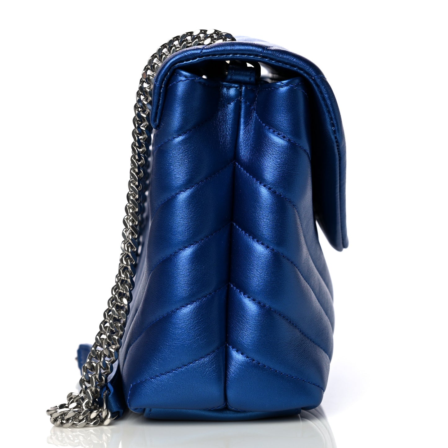 Metallic Calfskin Y Quilted Monogram Small Loulou Chain Satchel Blue Royal