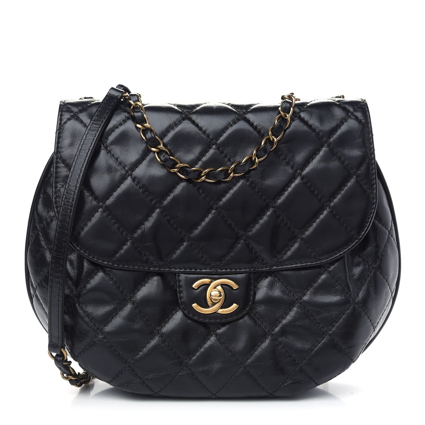 Glazed Calfskin Quilted Medium Bubble CC Flap Black