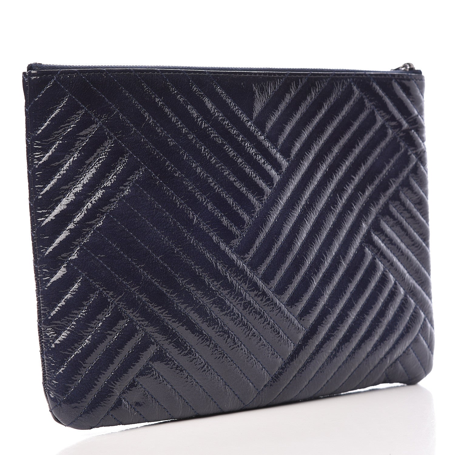 Chanel Distressed Patent Chevron Quilted Medium CC Crossing Cosmetic Case Blue 3 of 10