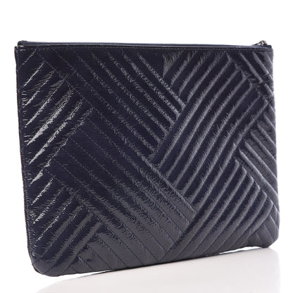 Chanel Distressed Patent Chevron Quilted Medium CC Crossing Cosmetic Case Blue 3 of 10