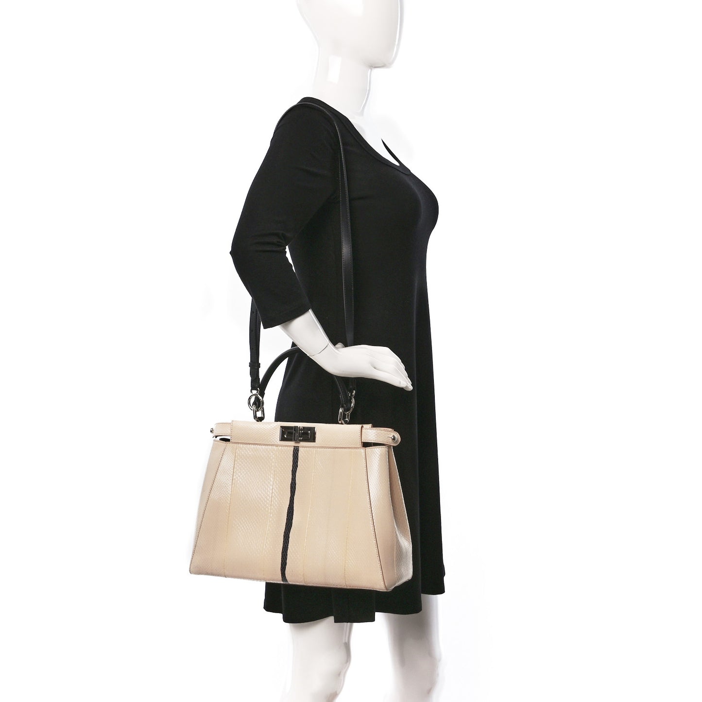 Water Snakeskin Nappa Medium Peekaboo Iconic Satchel Beige Black