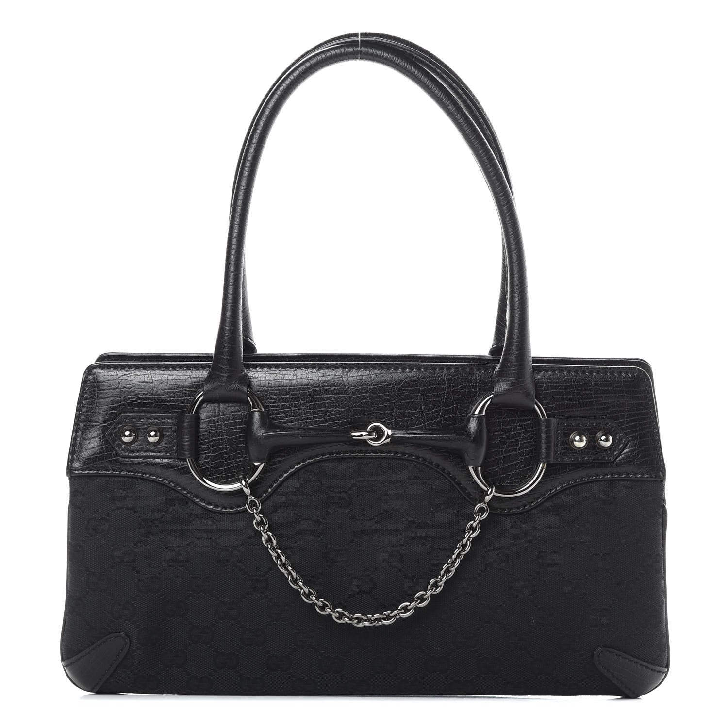 Gucci Monogram Horsebit Chain Shoulder Bag Black 2 of 13