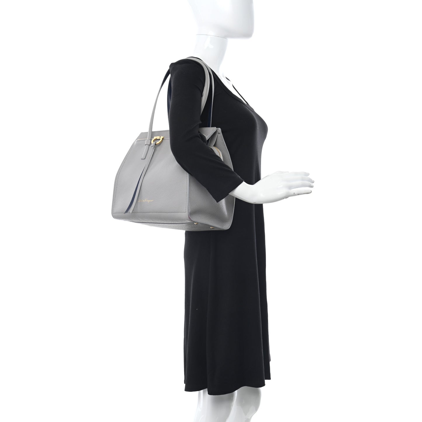 Hammered Calfskin Double Handle Medium Amy Tote Grey Navy
