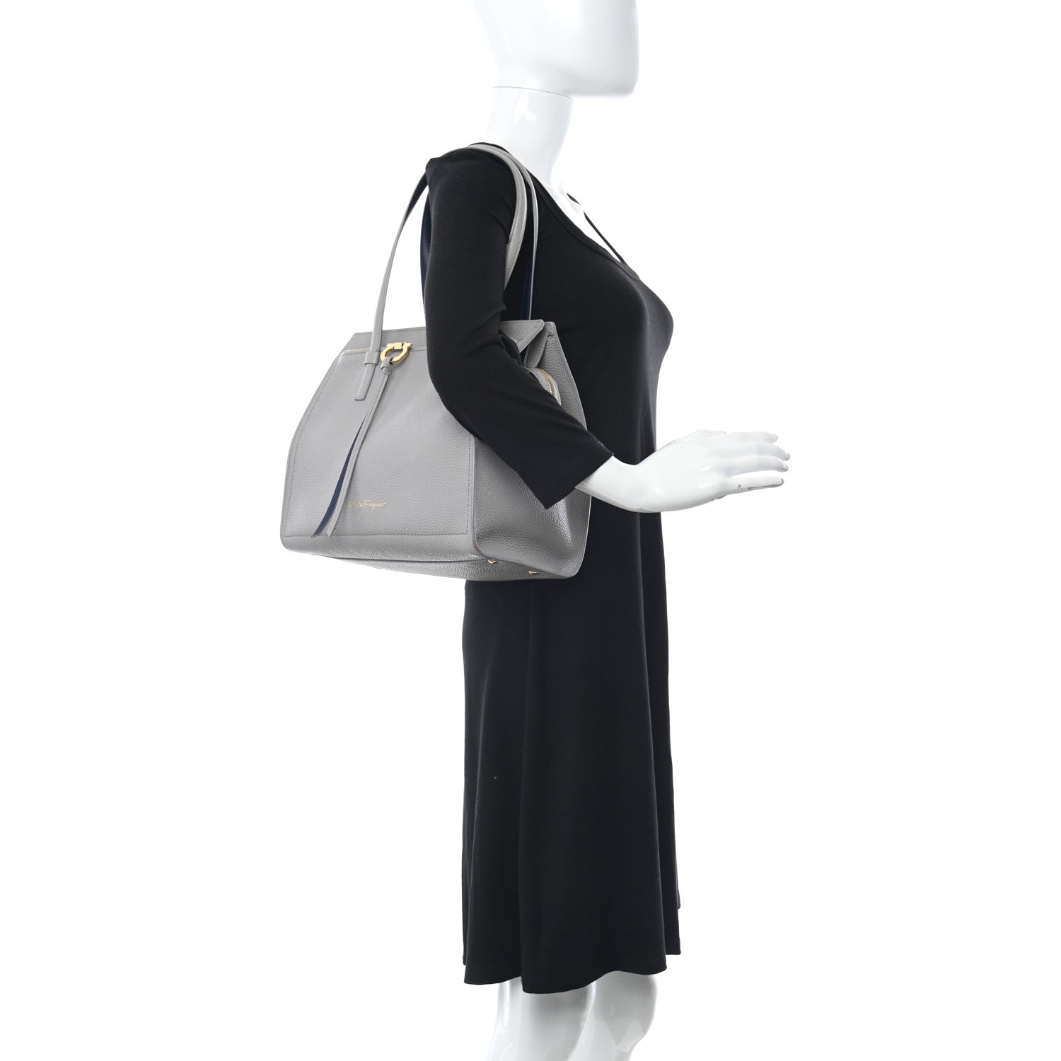 Salvatore Ferragamo Hammered Calfskin Double Handle Medium Amy Tote Grey Navy 2 of 14