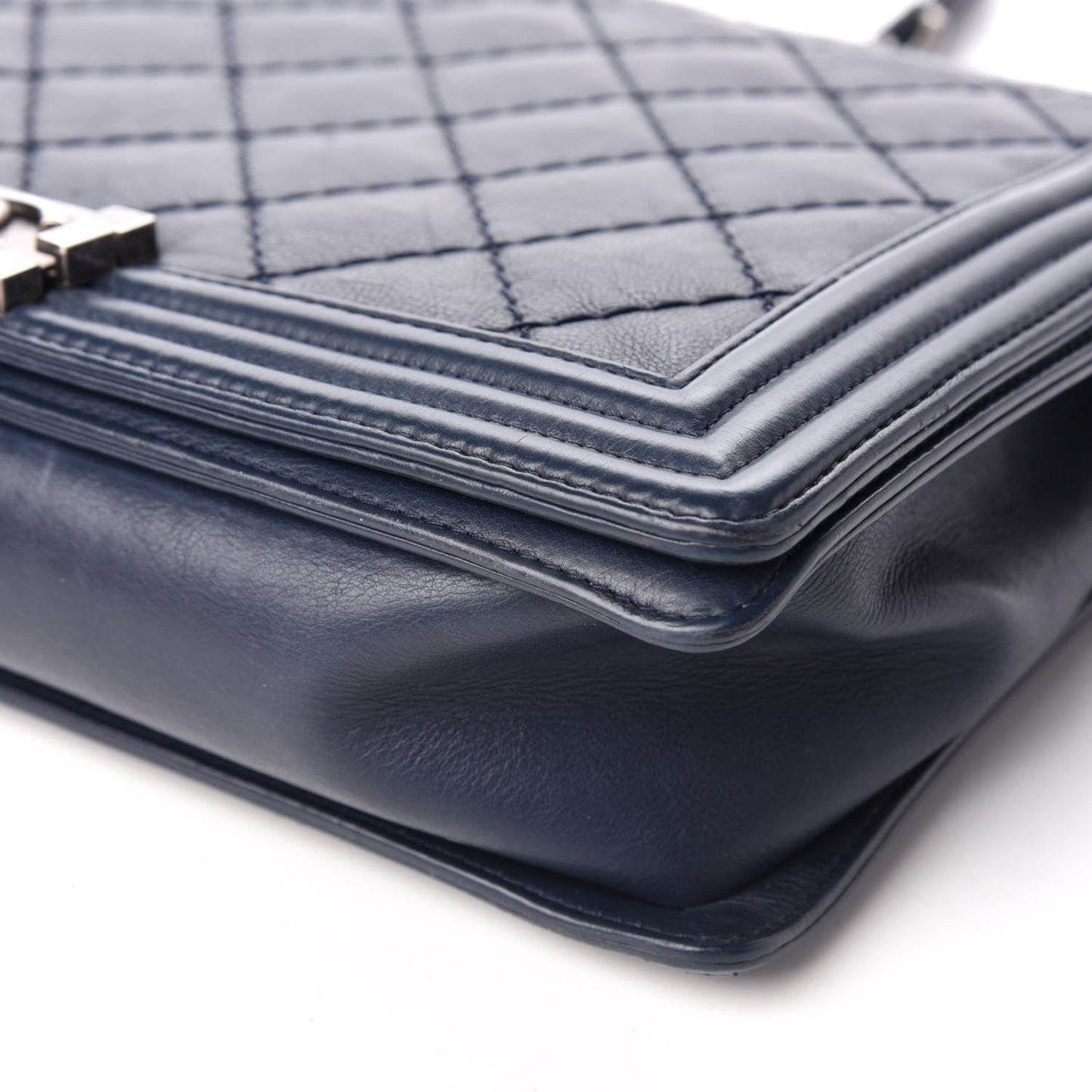 Calfskin Double Stitch Large Boy Flap Navy Blue