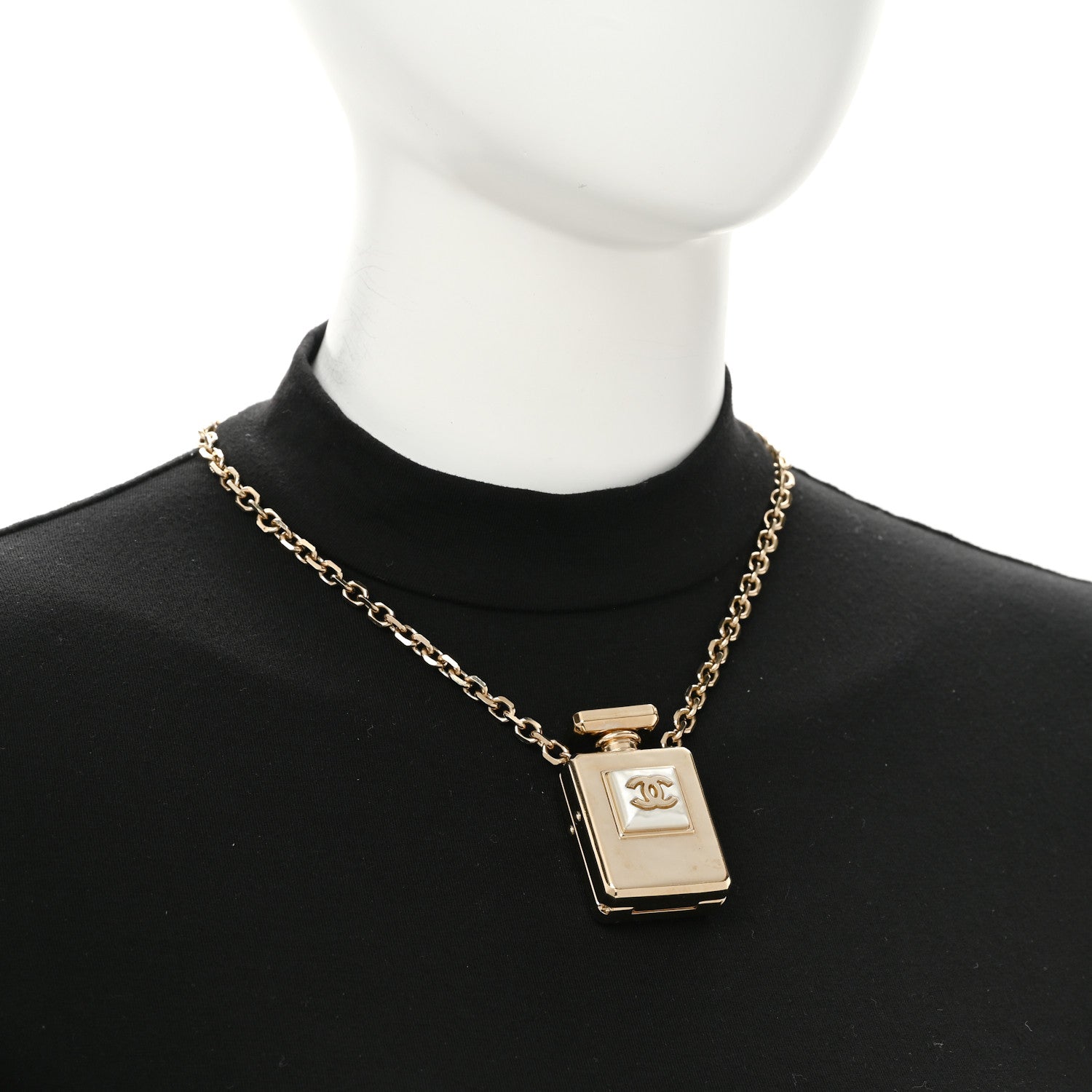 Chanel Metal Pearl Perfume Bottle CC Locket Necklace Gold 2 of 5
