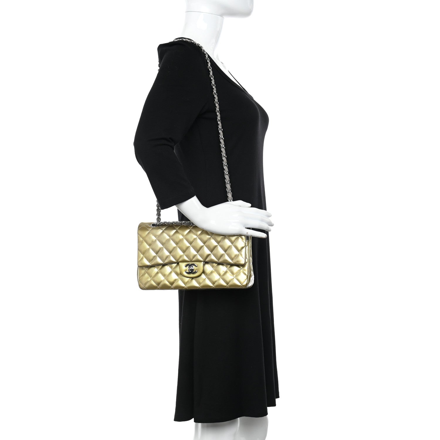 Chanel Striated Patent Quilted Medium Double Flap Gold 2 of 14