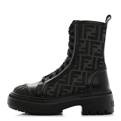 Fendi Fabric Jacquard Vitello FF Domino 50mm Biker Boots 35.5 Black Asfalto 1 of 9