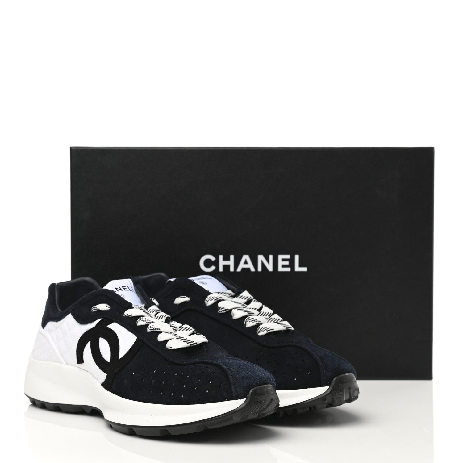 Chanel Fabric Suede Kidskin CC Sneakers 39.5 Navy White 9 of 9