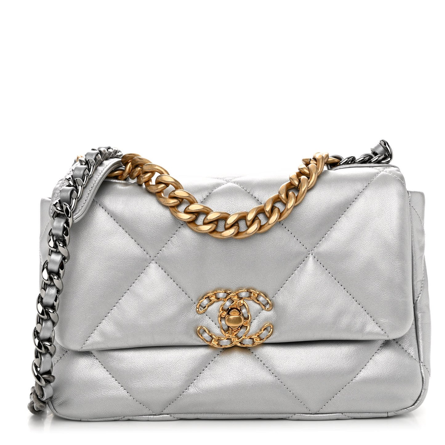 Metallic Goatskin Quilted Medium Chanel 19 Flap Silver