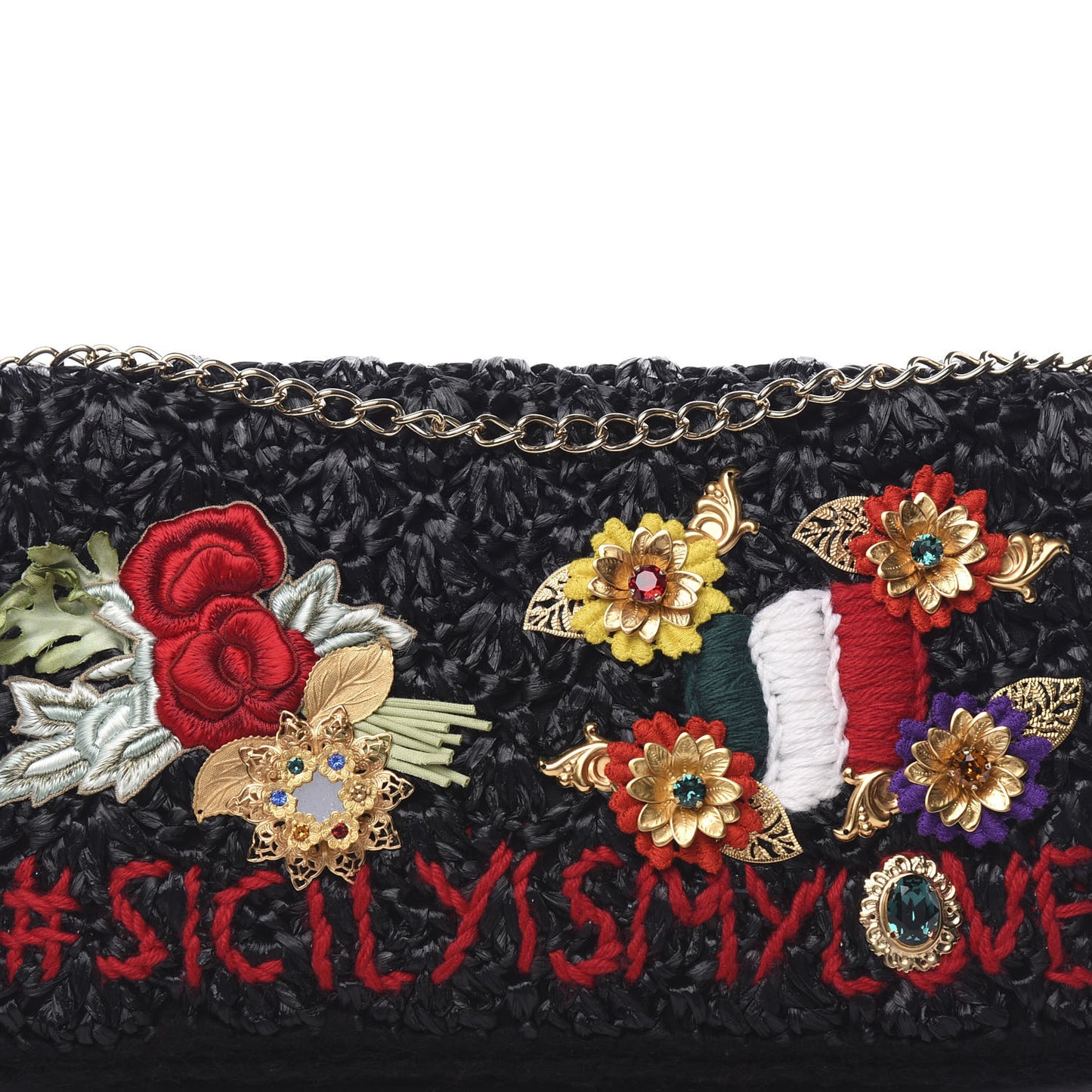 Woven Raffia Embellished Chain Flap Bag Black Multicolor
