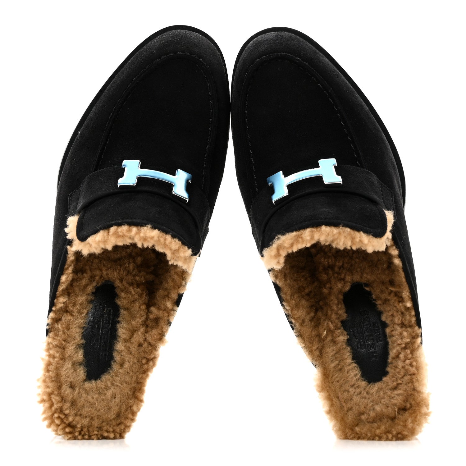 Hermes Suede Goatskin Woolskin Flore 60 Mules 36.5 Black Camel 2 of 10