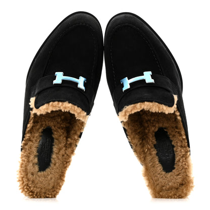 Hermes Suede Goatskin Woolskin Flore 60 Mules 36.5 Black Camel 2 of 10