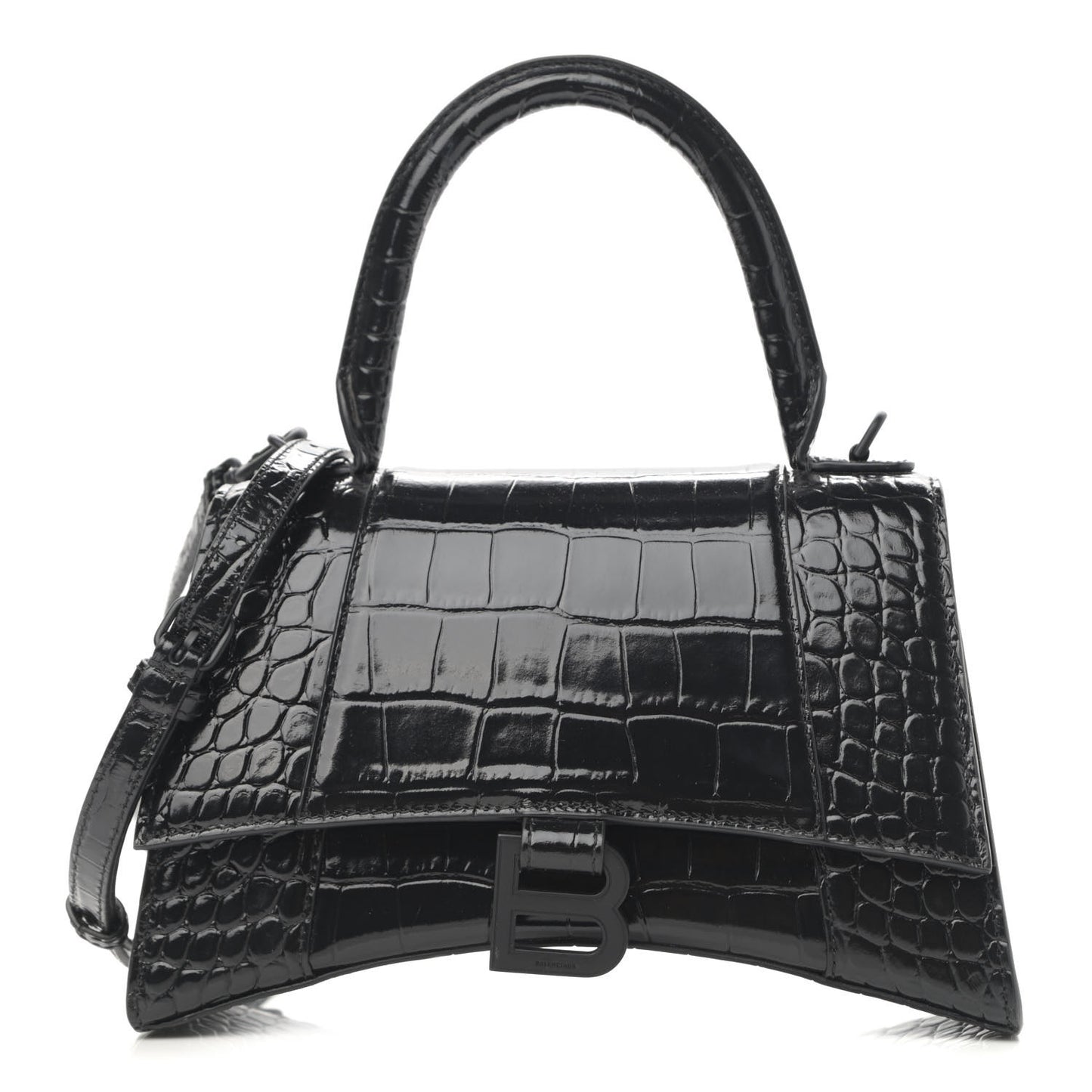 Shiny Calfskin Monochrome Crocodile Embossed Small Hourglass Top Handle Bag Black