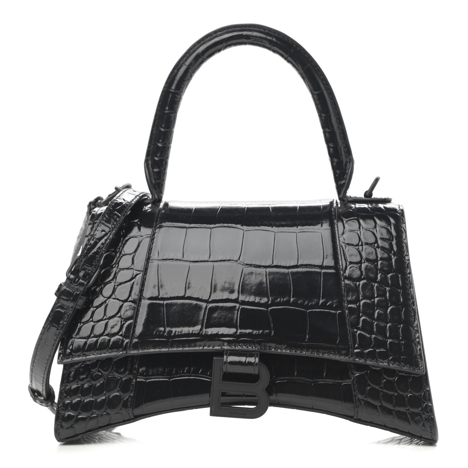 Balenciaga Shiny Calfskin Monochrome Crocodile Embossed Small Hourglass Top Handle Bag Black 1 of 13