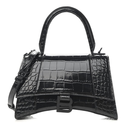 Balenciaga Shiny Calfskin Monochrome Crocodile Embossed Small Hourglass Top Handle Bag Black 1 of 13