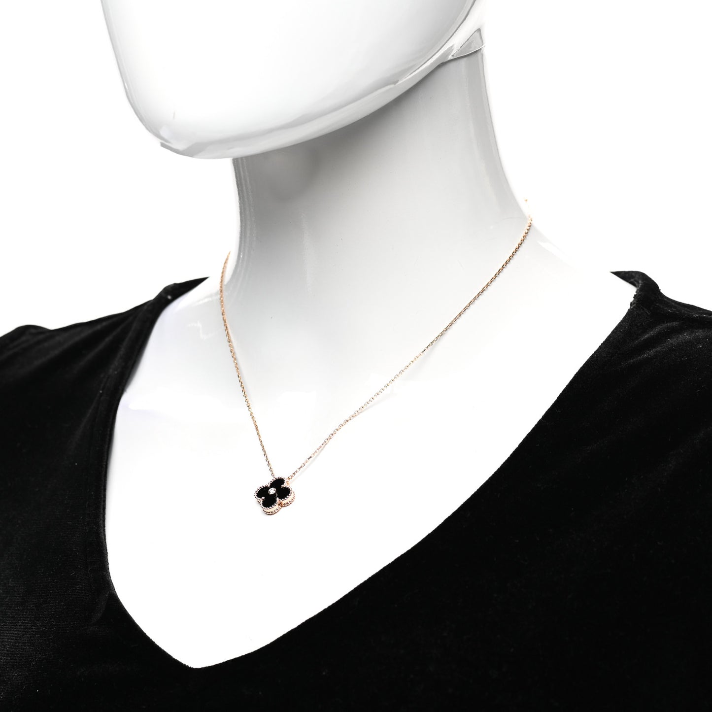18K Rose Gold Diamond Black Onyx Vintage Alhambra Pendant Necklace