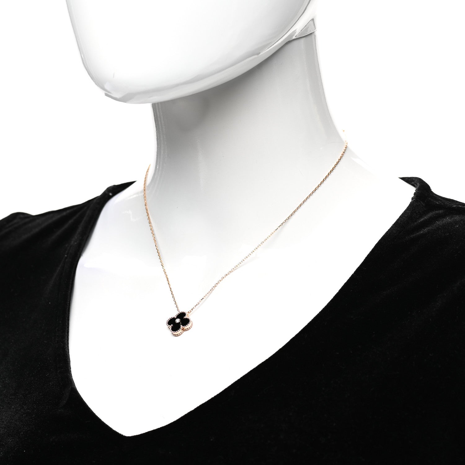 Van Cleef & Arpels 18K Rose Gold Diamond Black Onyx Vintage Alhambra Pendant Necklace 2 of 6
