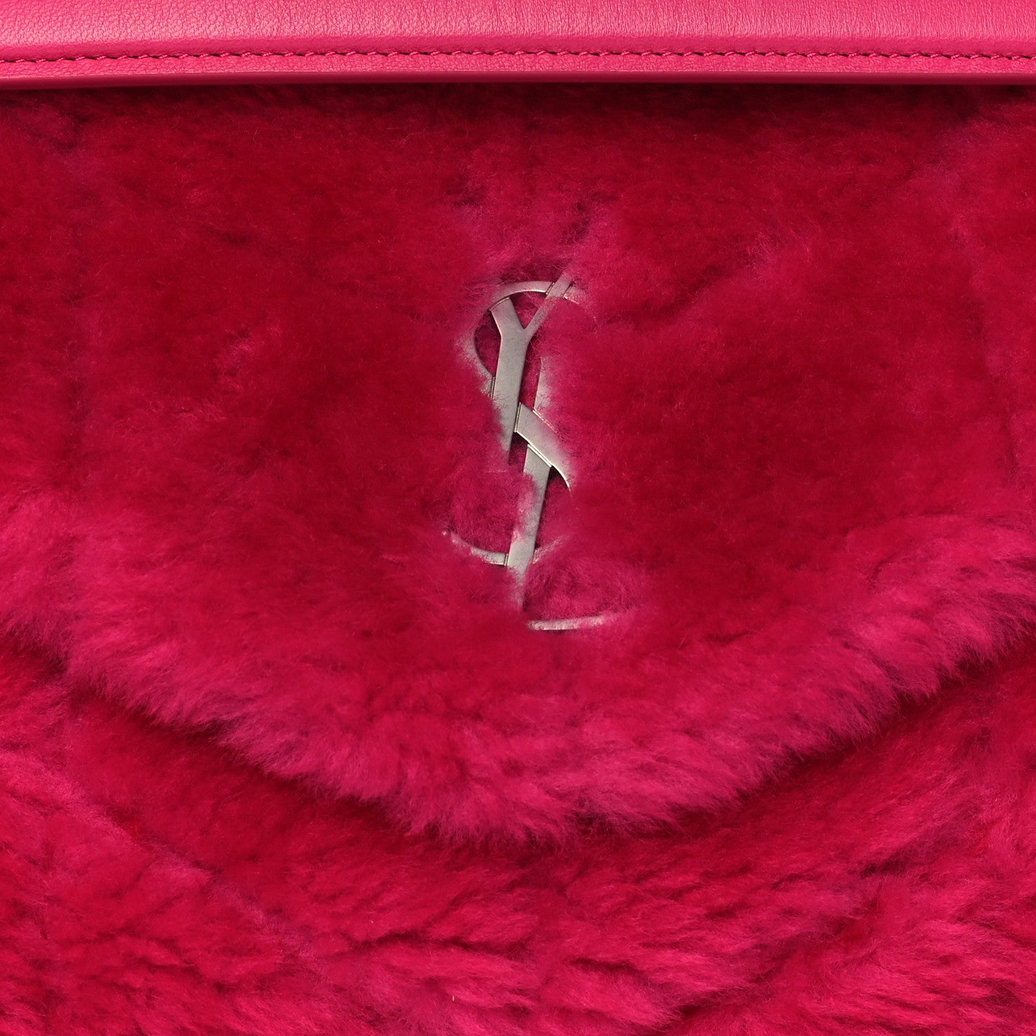 Saint Laurent Merino Shearling Lambskin Quilted Small Loulou Puffer Monogram Chain Satchel Fuchsia 8 of 10