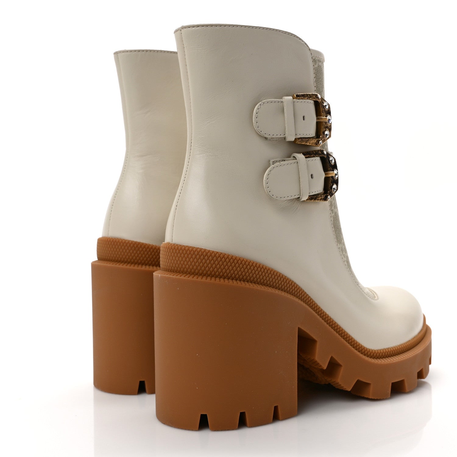 Gucci Kensington Calfskin Nappa GG Supreme Monogram Womens Double Buckle Ankle Boots 35 Mystic White Beige 4 of 8