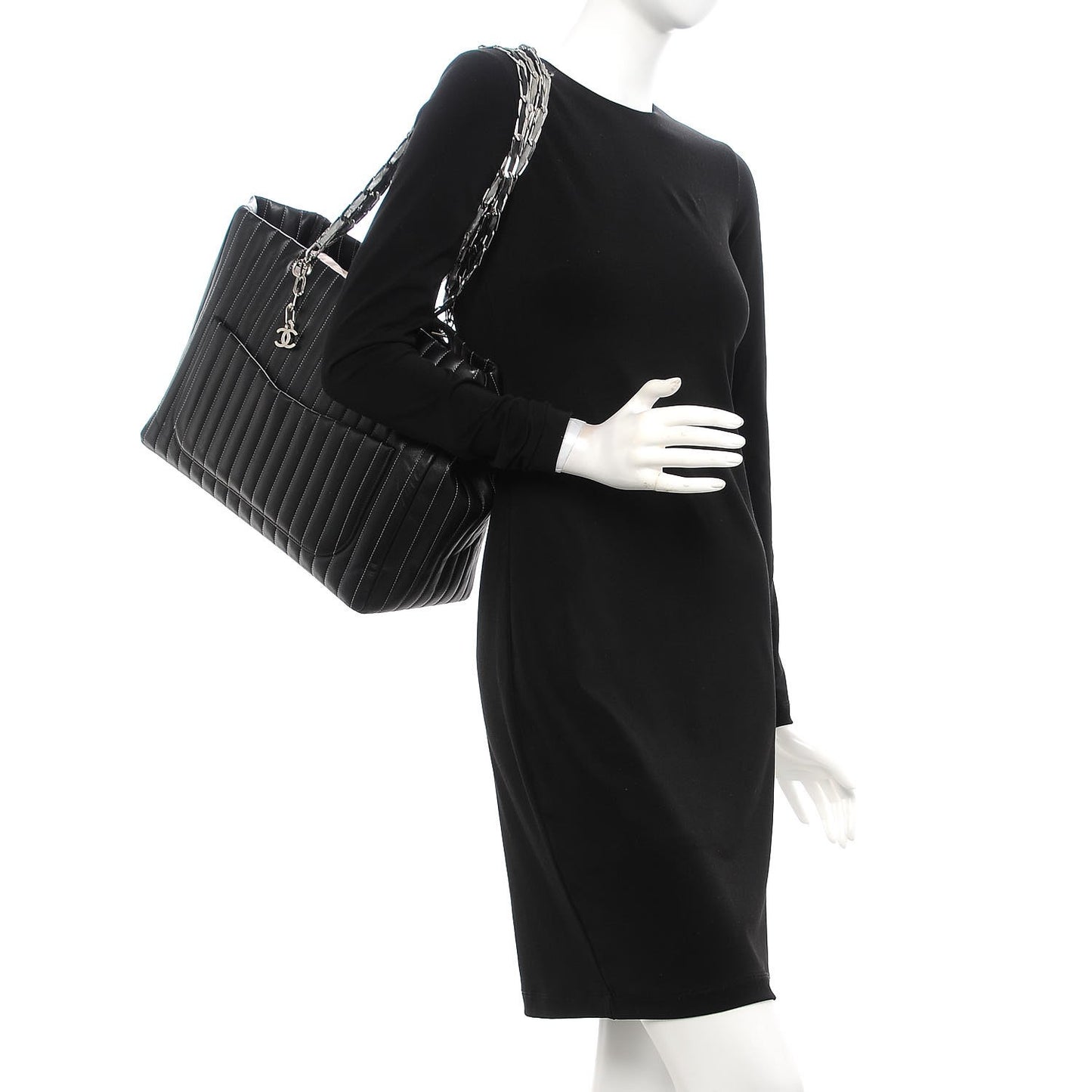 Lambskin Vertical Quilted Large Mademoiselle Tote Black