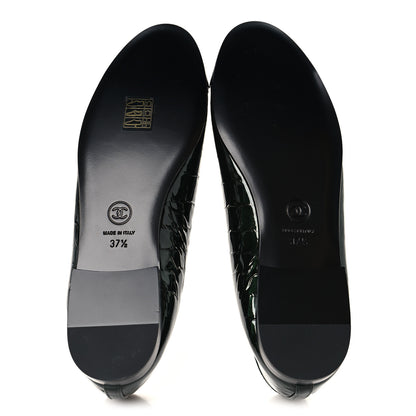 Chanel Patent Crocodile Embossed Ballerina Flats 37.5 Dark Green Black 6 of 10