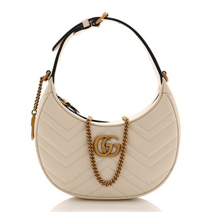 Gucci Calfskin Matelasse Chevron Mini GG Marmont Half Moon Hobo Mystic White 1 of 11
