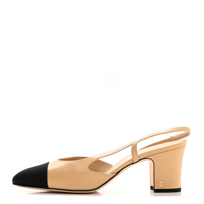 Chanel Goatskin Grosgrain Cap Toe CC Slingback Pumps 39 Beige Black 1 of 9