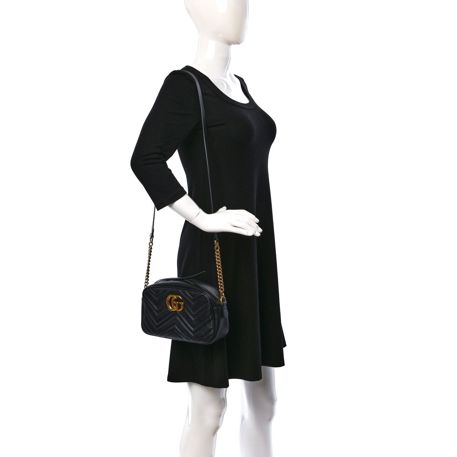 Gucci Calfskin Matelasse Small GG Marmont Chain Shoulder Bag Black 2 of 13
