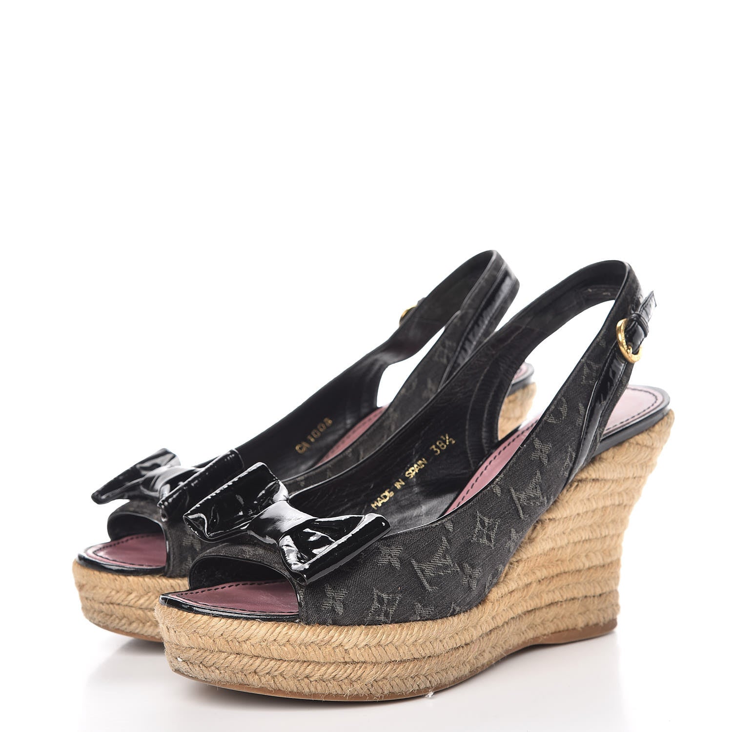 Louis Vuitton Denim Patent Monogram Bow Espadrille Wedges 38.5 Black 3 of 23