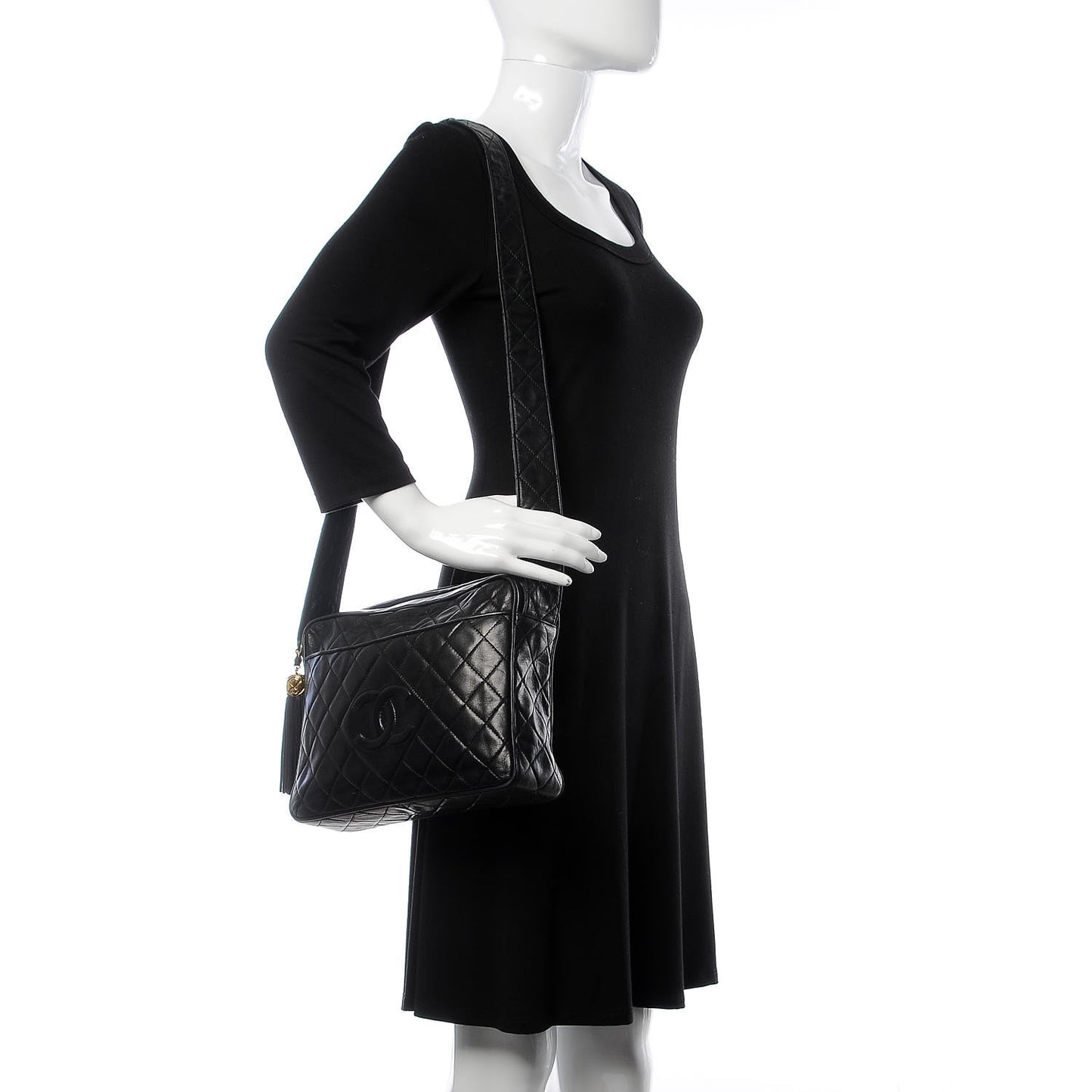 Lambskin Quilted Tassel Camera Case Black