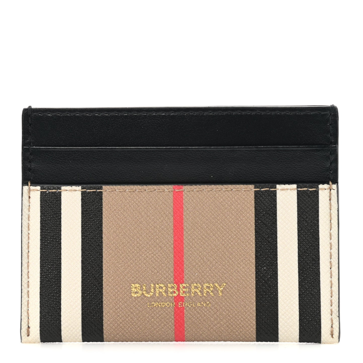 E-Canvas Calfskin Icon Stripe Card Case Archive Beige