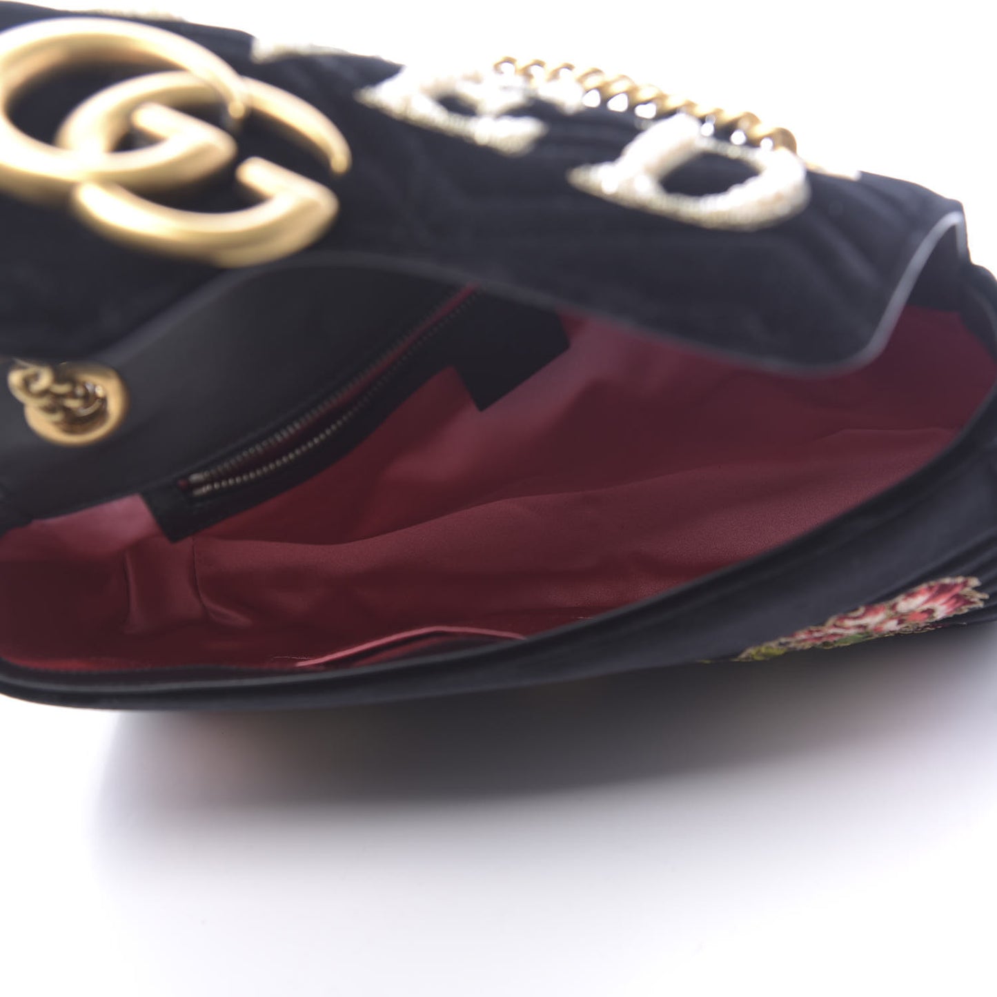 Velvet Matelasse Loved Embroidered Medium GG Marmont Shoulder Bag Black