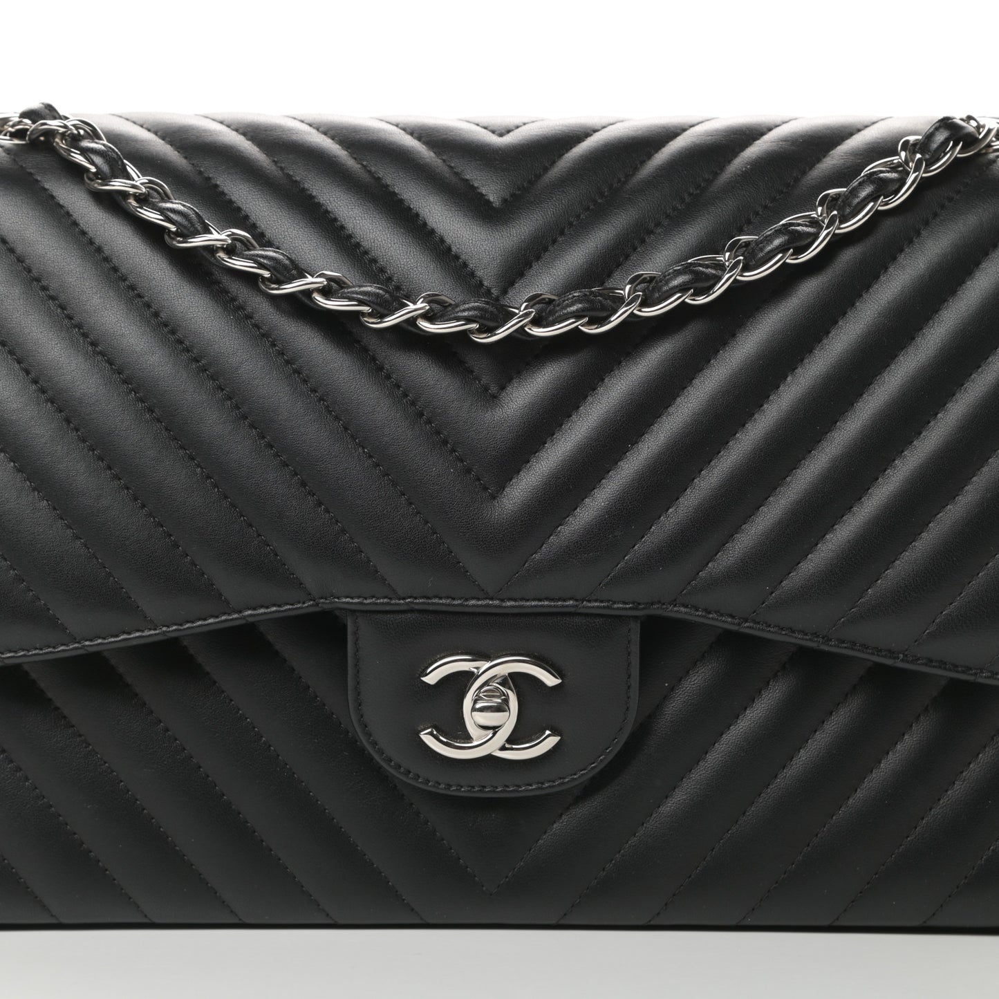 Lambskin Chevron Quilted Jumbo Double Flap Black