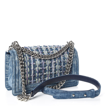 Chanel Cotton Tweed Denim Medium Boy Flap Light Green Light Blue 3 of 9