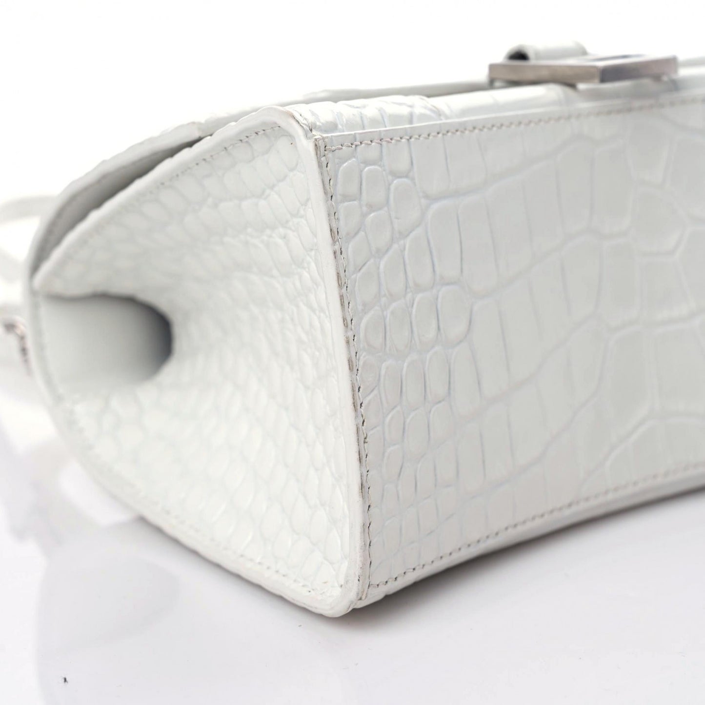 Calfskin Crocodile Embossed Small Hourglass Top Handle Bag White