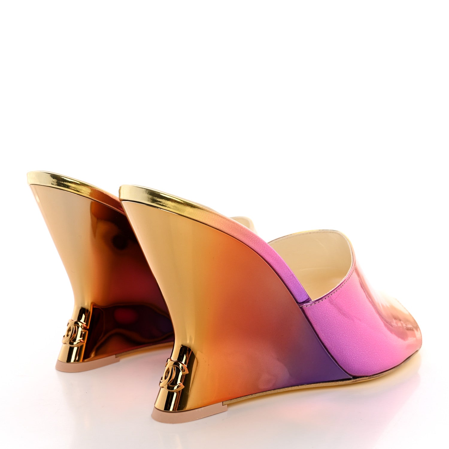 Chanel Laminated Calfskin Wedge Mules 39.5 Pink Orange Yellow 4 of 9