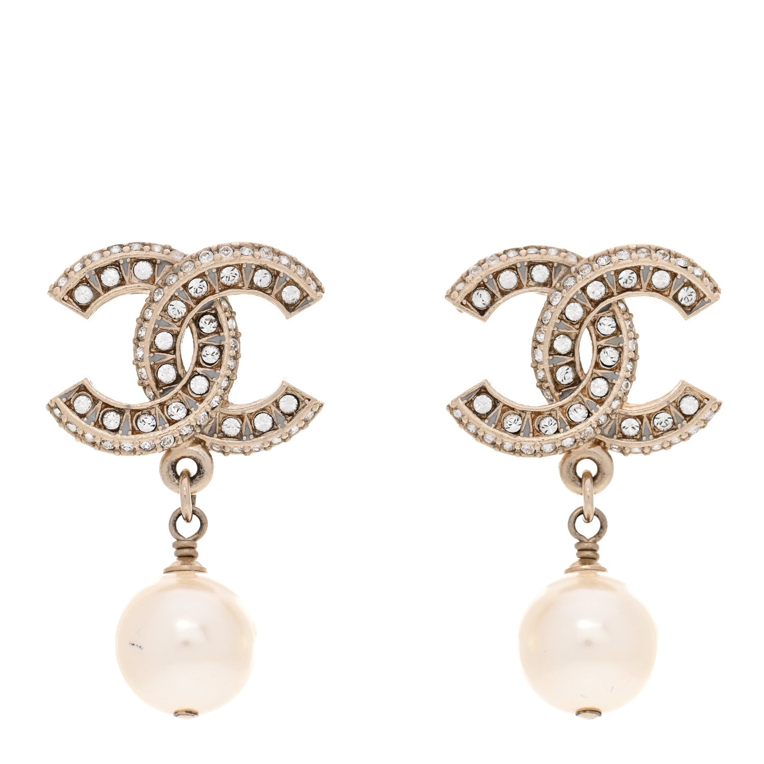 Chanel Crystal Timeless CC Pearl Drop Earrings Light Gold 1 of 4
