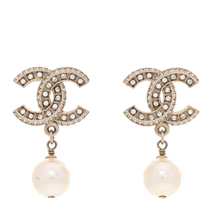 Chanel Crystal Timeless CC Pearl Drop Earrings Light Gold 1 of 4