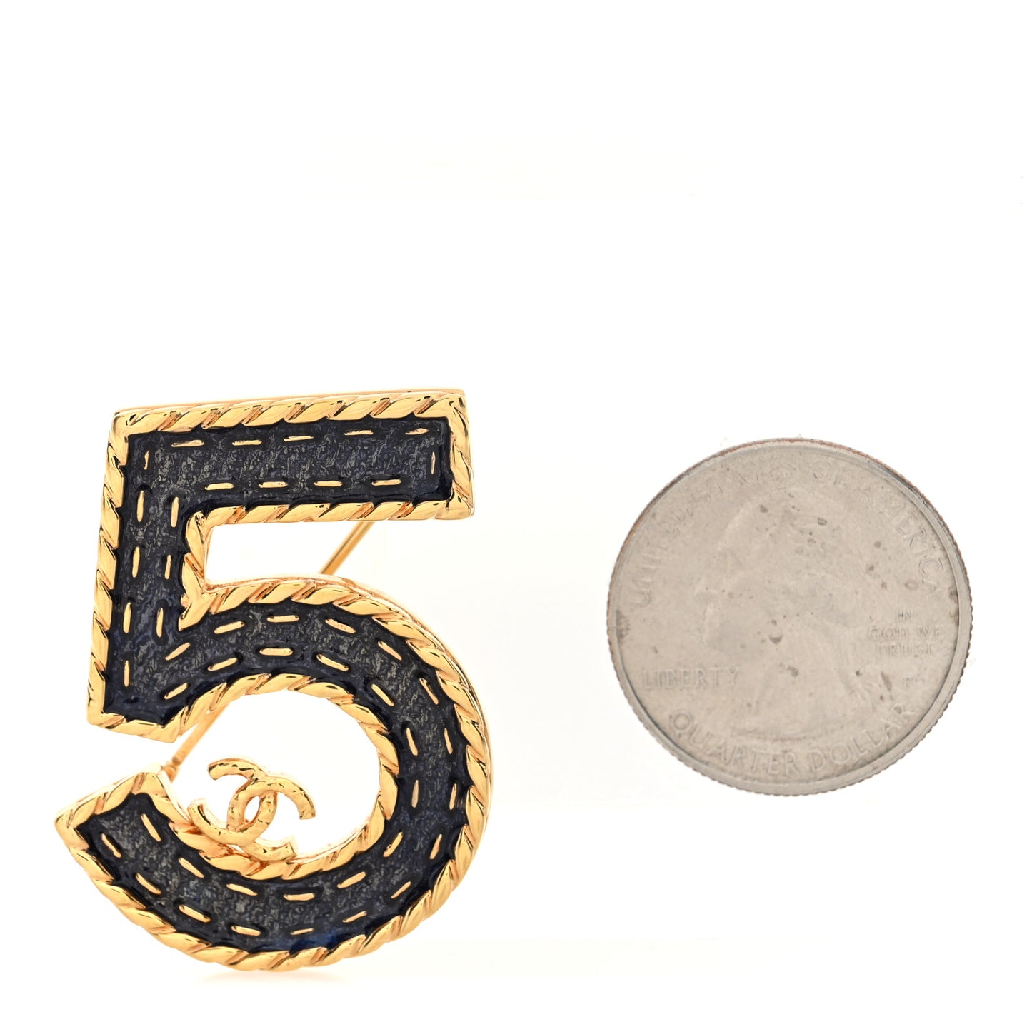 Metal Enamel CC No 5 Rope Brooch Gold Denim Blue