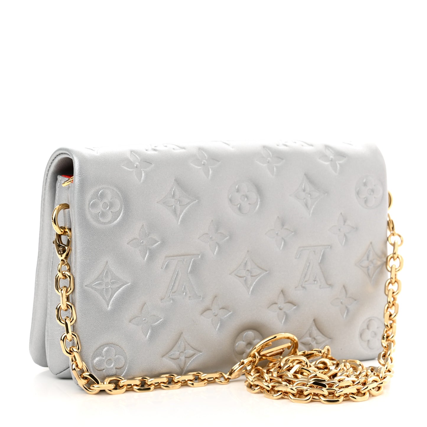 Metallic Lambskin Embossed Monogram Pochette Coussin Silver