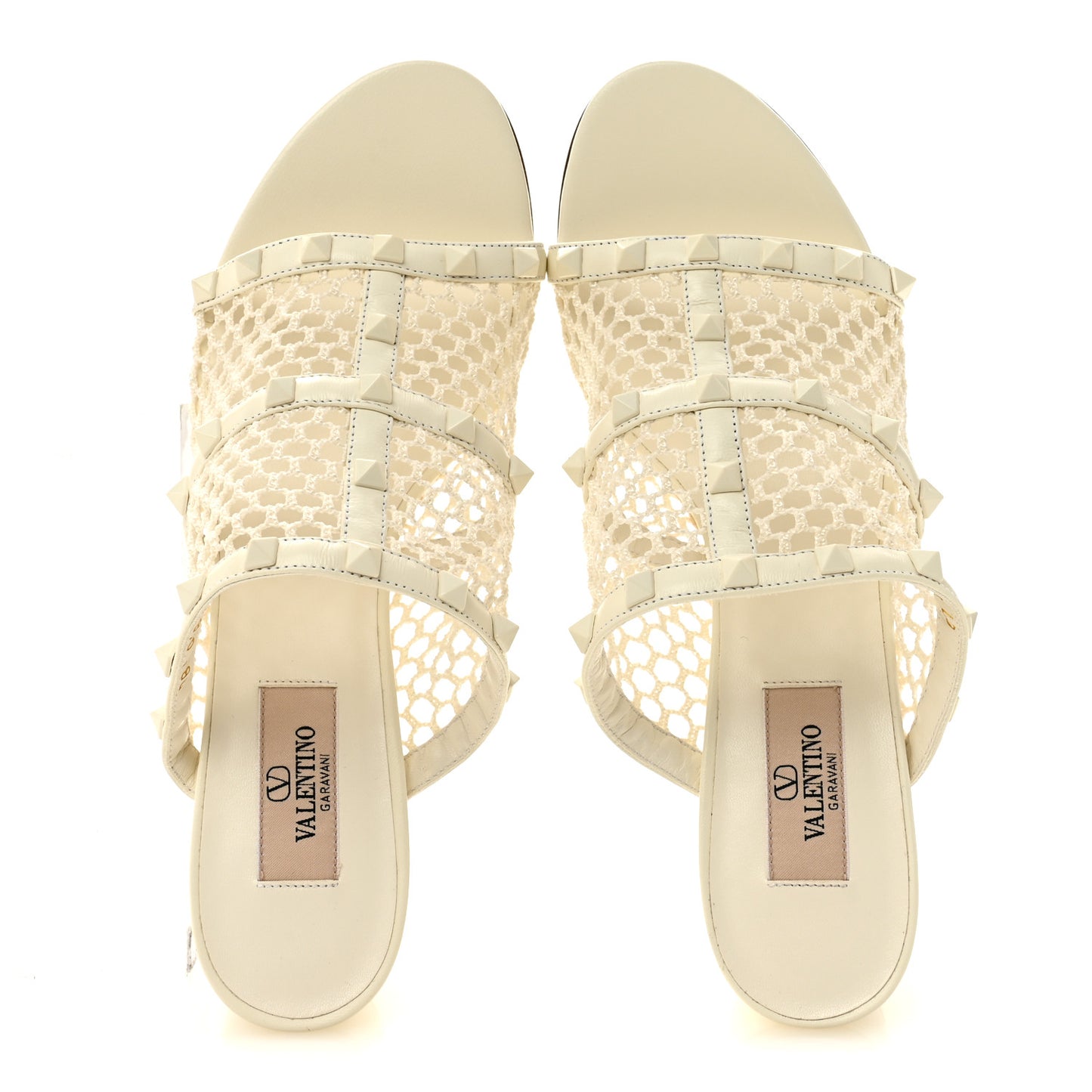 Calfskin Mesh Rockstud 60mm Caged Slide Sandals 40 Ivory