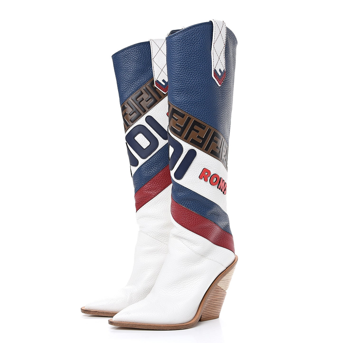 X FILA Grained Calfskin Mania FF 1974 Embossed Cutwalk Tall Boots 37 Ice Blueberry Red