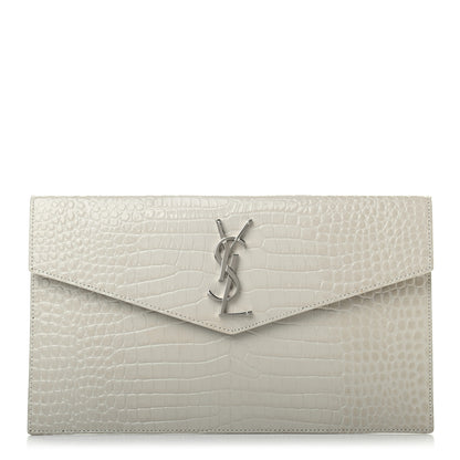 Saint Laurent Calfskin Crocodile Embossed Uptown Monogram Pouch Crema Soft 1 of 6