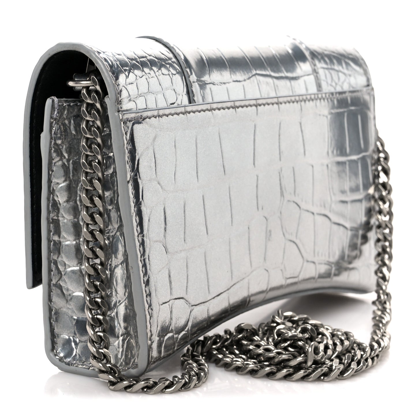 Shiny Calfskin Crocodile Embossed Hourglass Chain Bag Silver
